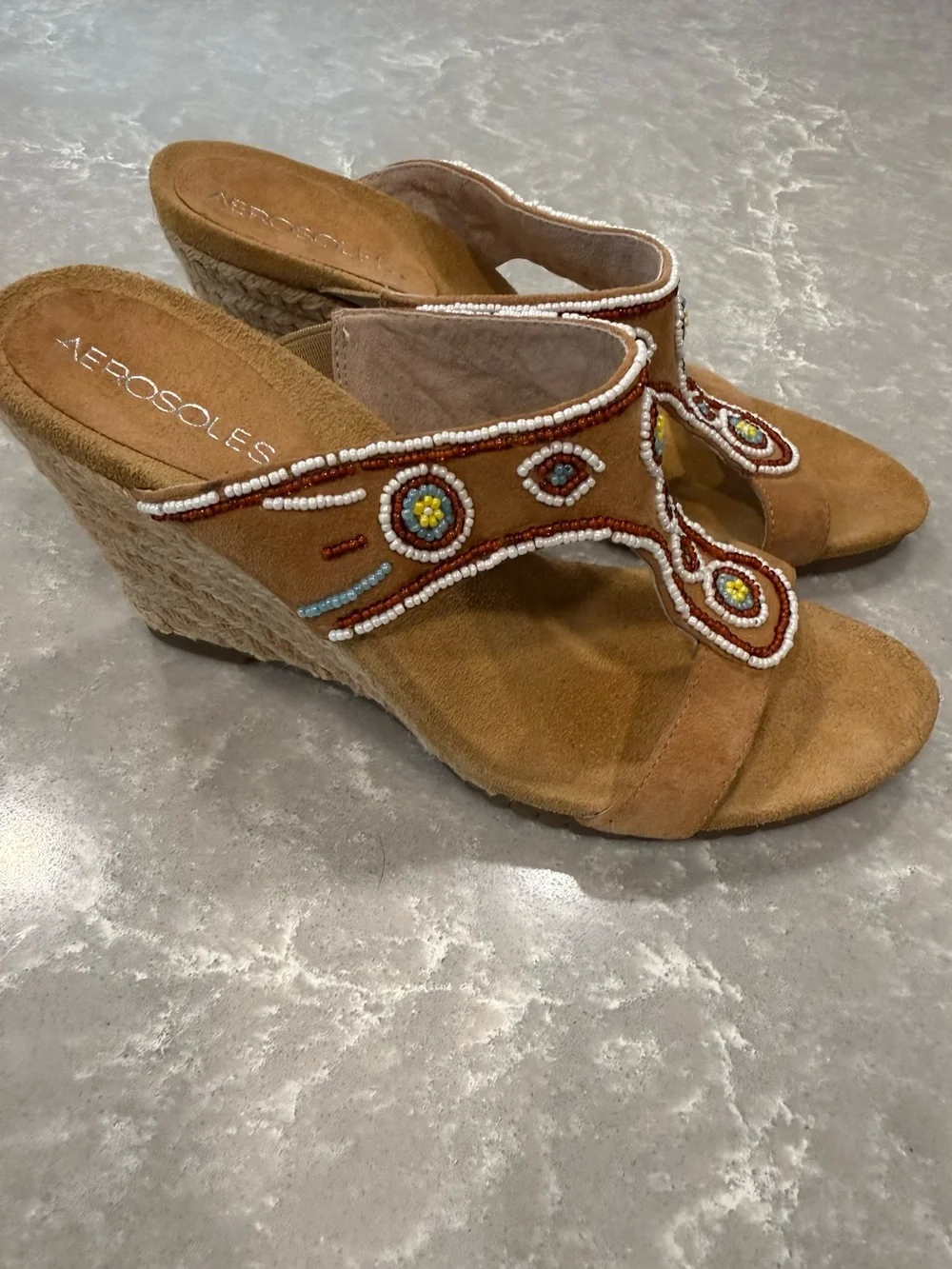 Aerosoles Beaded Espadrille Wedge Sandals Tan Suede Boho Size 7M